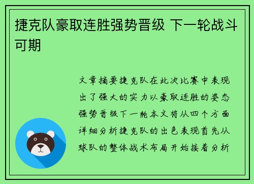 捷克队豪取连胜强势晋级 下一轮战斗可期