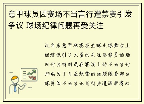 意甲球员因赛场不当言行遭禁赛引发争议 球场纪律问题再受关注